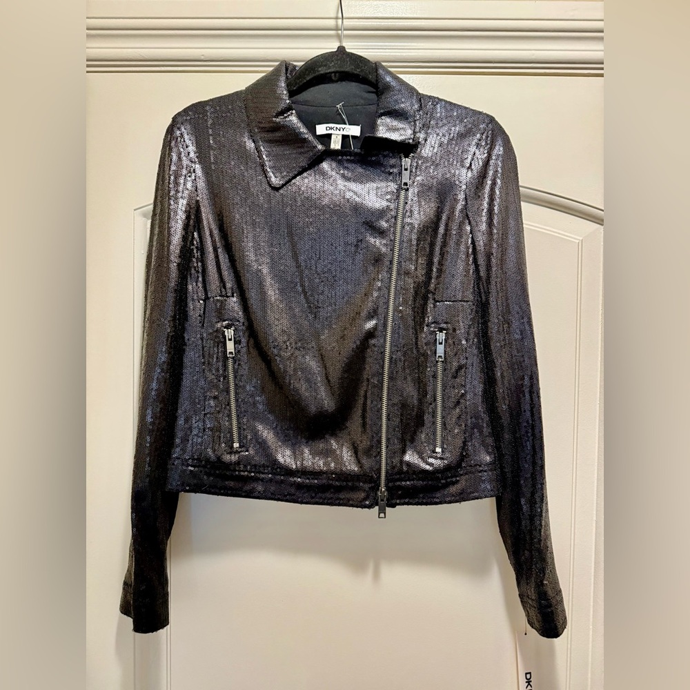 NWT-DKNYC Black Sequined Moto Jacket - Size Small